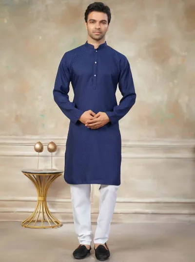Navy Blue Colour Rayon Cotton With Weaving Sifly Kurta Pajama Mens Wear
